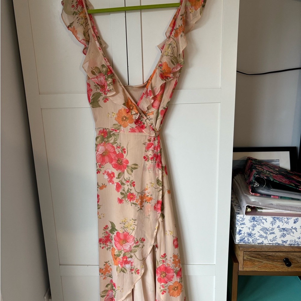 LULUS - Floral Wrap Dress in Pink and Cream